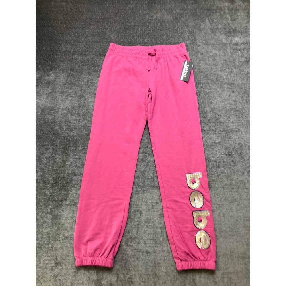 Bebe Sport Sweatpants Girls Large 14/16 Hot Pink Cotton‎ Sequin Logo Drawstring